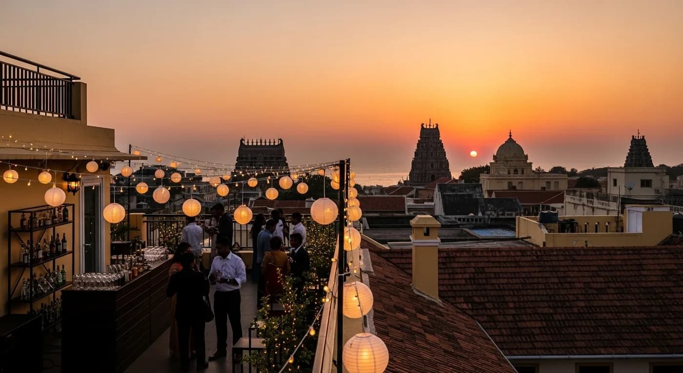Rooftop terrace wedding setup overlooking the Pondicherry coast