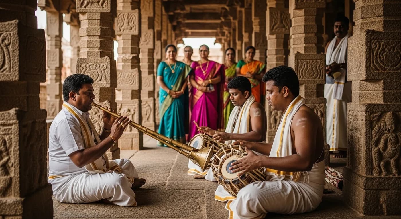 Bride and groom during a ceremony at Meenakshi Temple with priest performing rituals near sacred fire