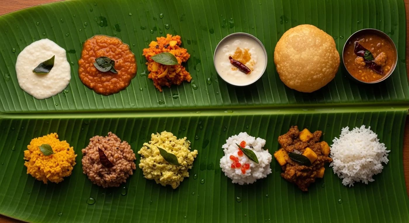 A traditional Thanjavur wedding feast showing Tamil banana-leaf dishes alongside Maratha specialties like puran poli