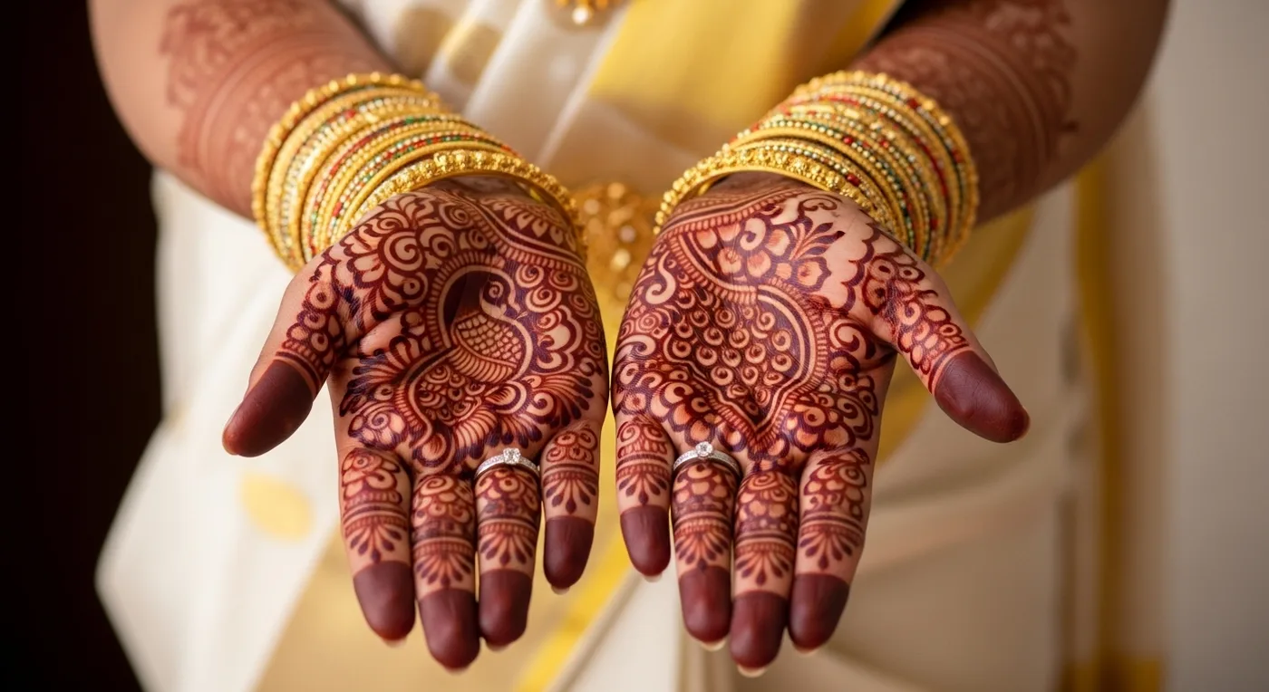 Close-up of Kerala bridal mehendi design with gold bangles
