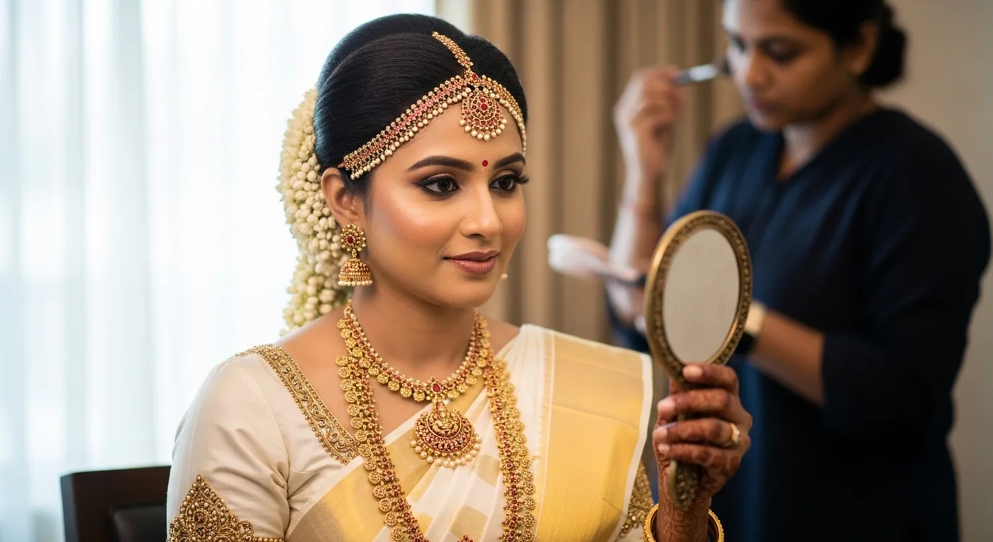 Bridal makeup artist styling a Kerala bride with traditional gold jewellery in Trivandrum