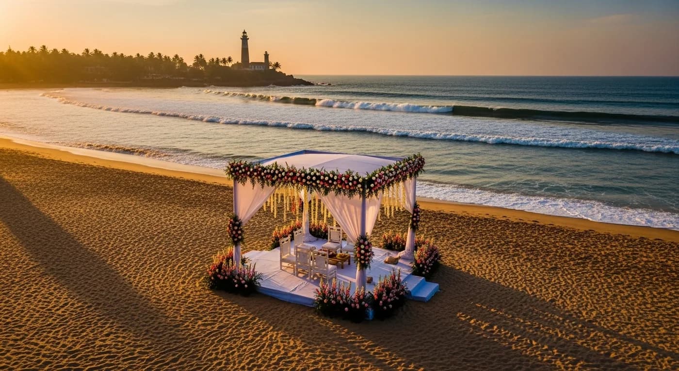 Beach wedding ceremony setup at Kovalam with Arabian Sea and lighthouse in background at golden hour