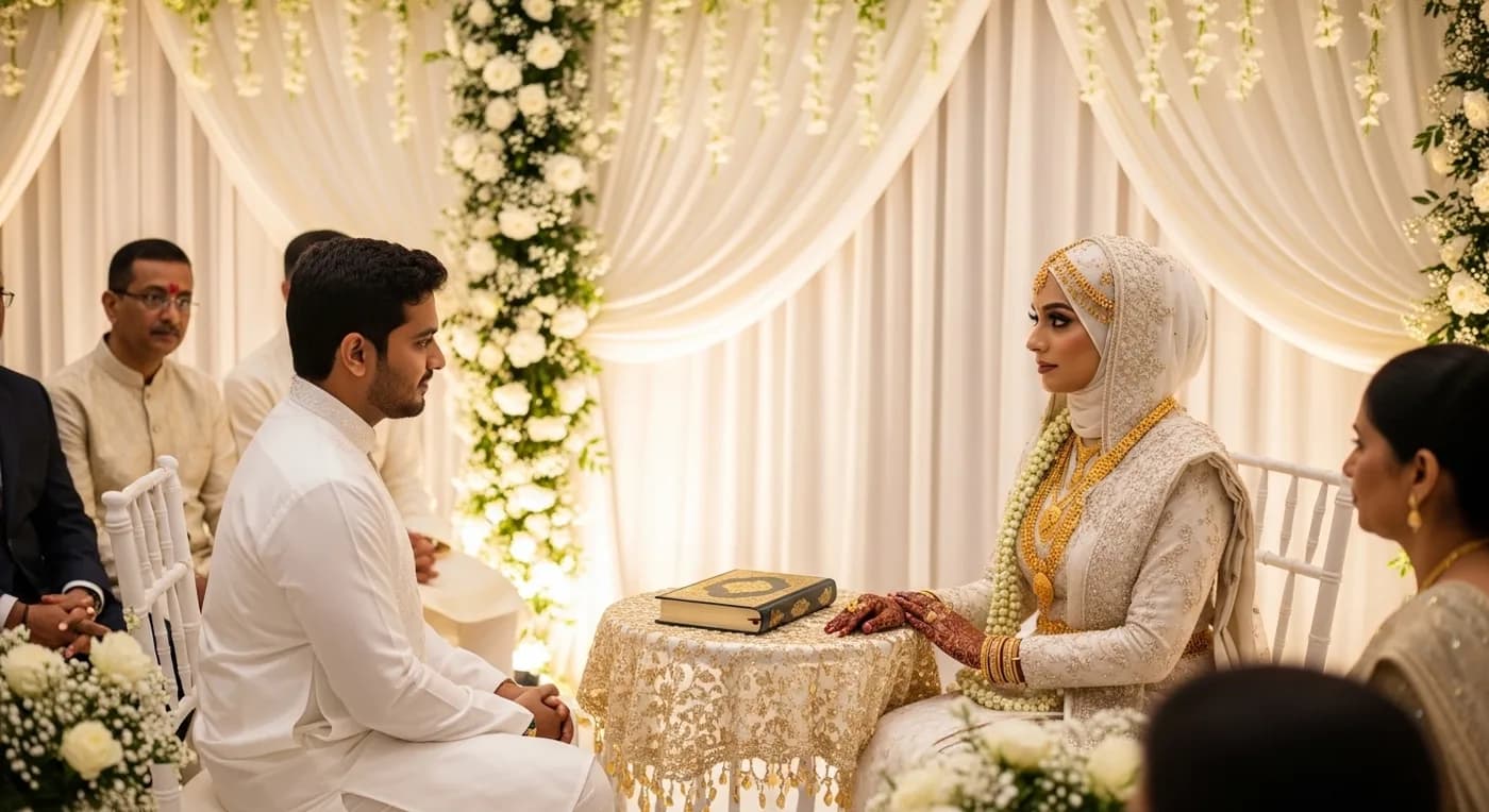 Kerala Muslim nikah ceremony setup with elegant decoration