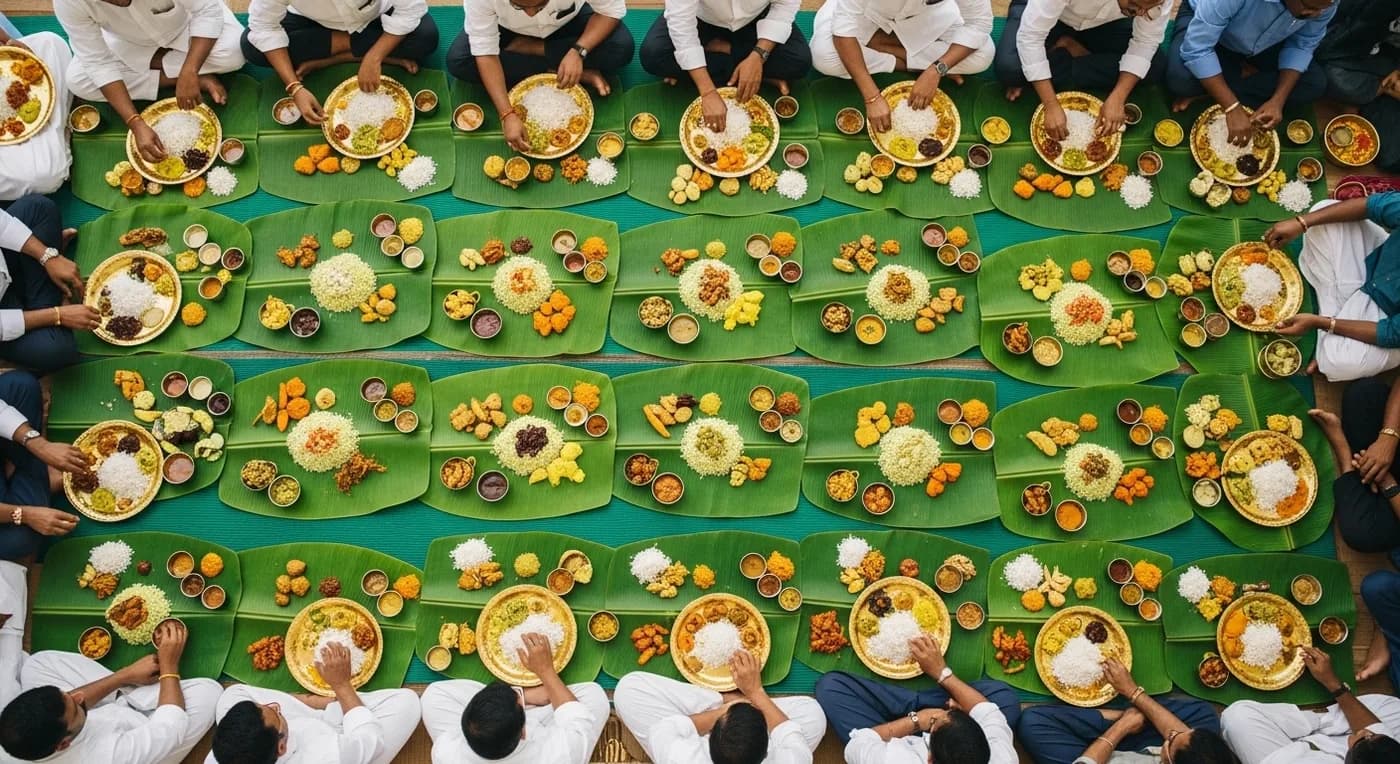 Traditional Kerala wedding sadhya served on banana leaf with multiple curry dishes