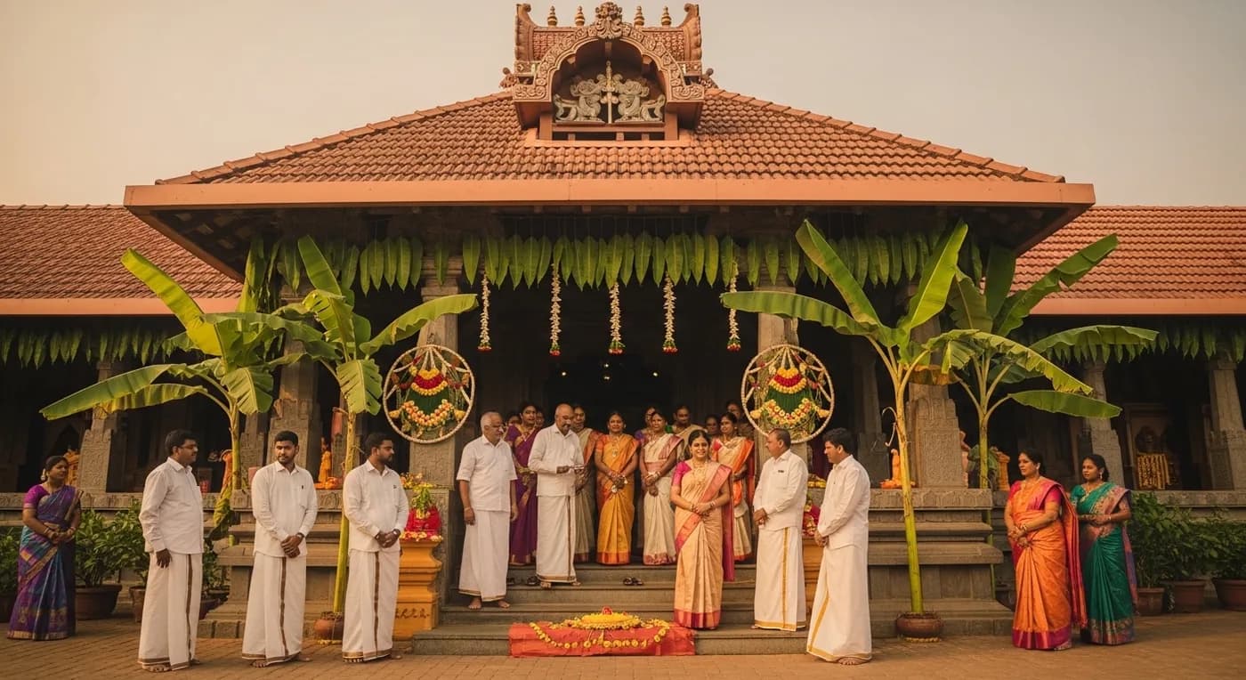Beautifully decorated wedding venue in Trivandrum with traditional Kerala floral arrangements and warm lighting