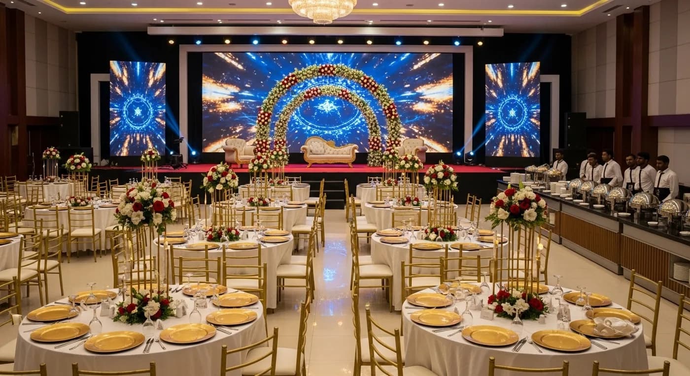 Interior of a mid-range Kerala wedding auditorium set up for a reception