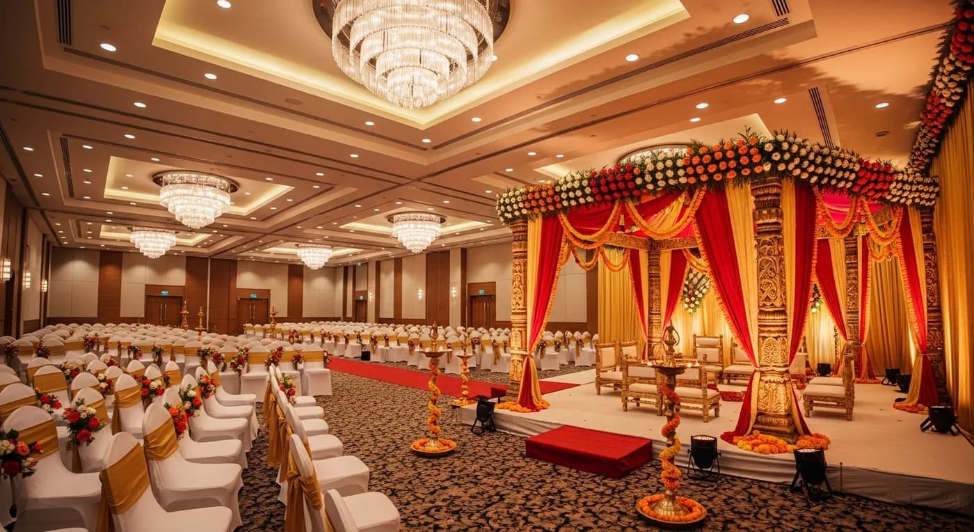 Interior of a large air-conditioned wedding hall in Trivandrum set up for a Kerala wedding reception with floral stage decor