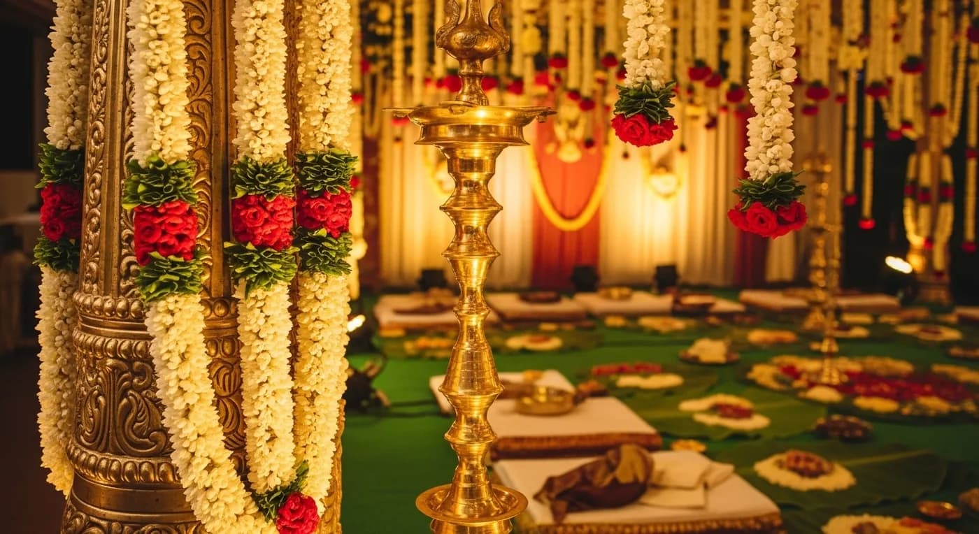 Decorated wedding venue in Thiruvananthapuram with traditional Kerala elements