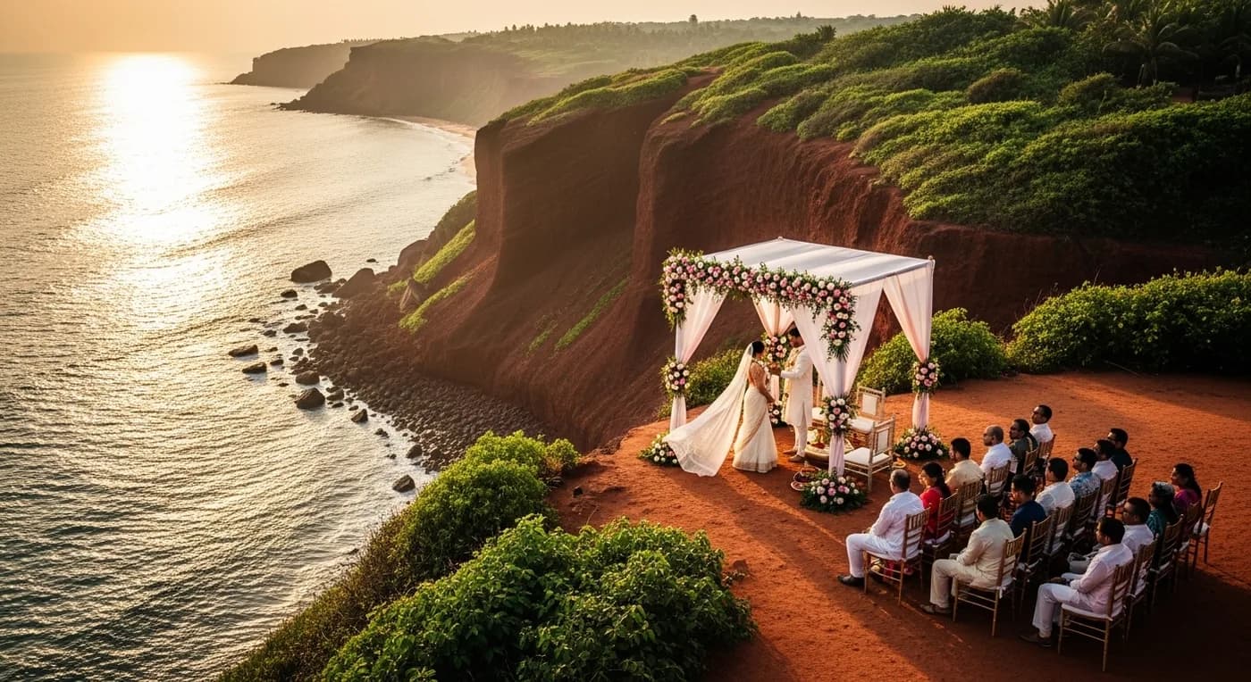 Varkala cliff wedding ceremony with couple at decorated mandap overlooking the sea