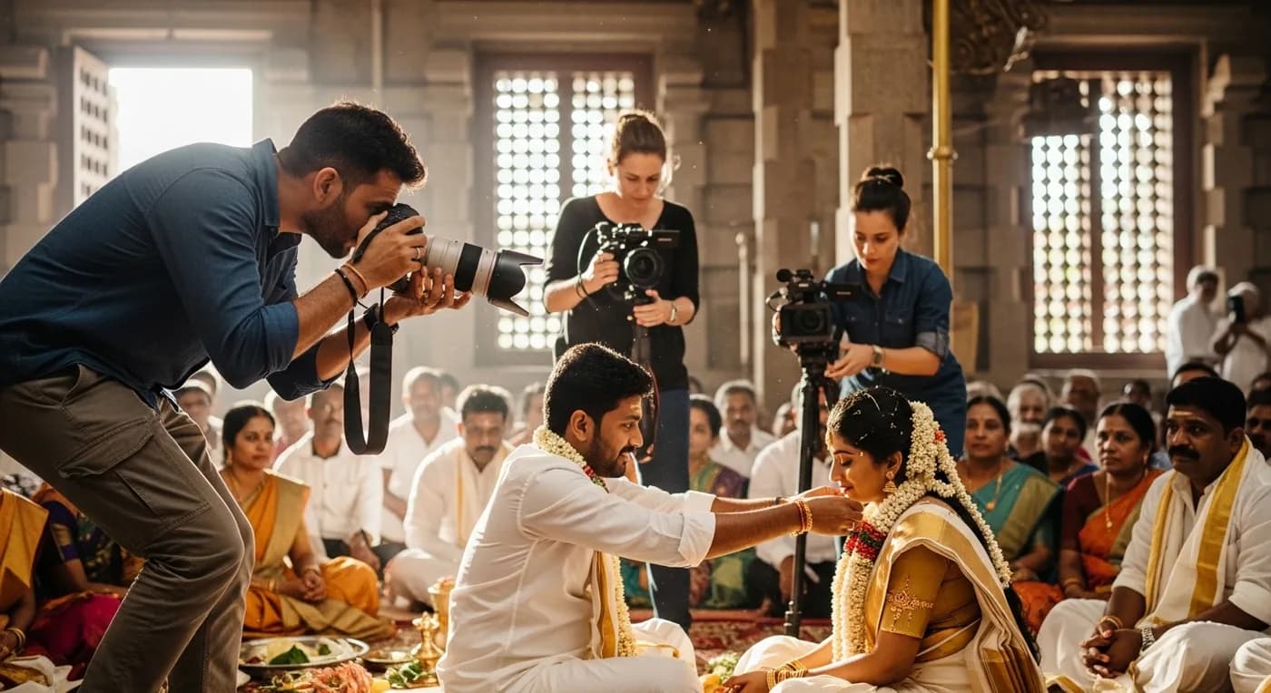 Wedding photographer capturing a couple during golden hour at Kovalam beach near Trivandrum