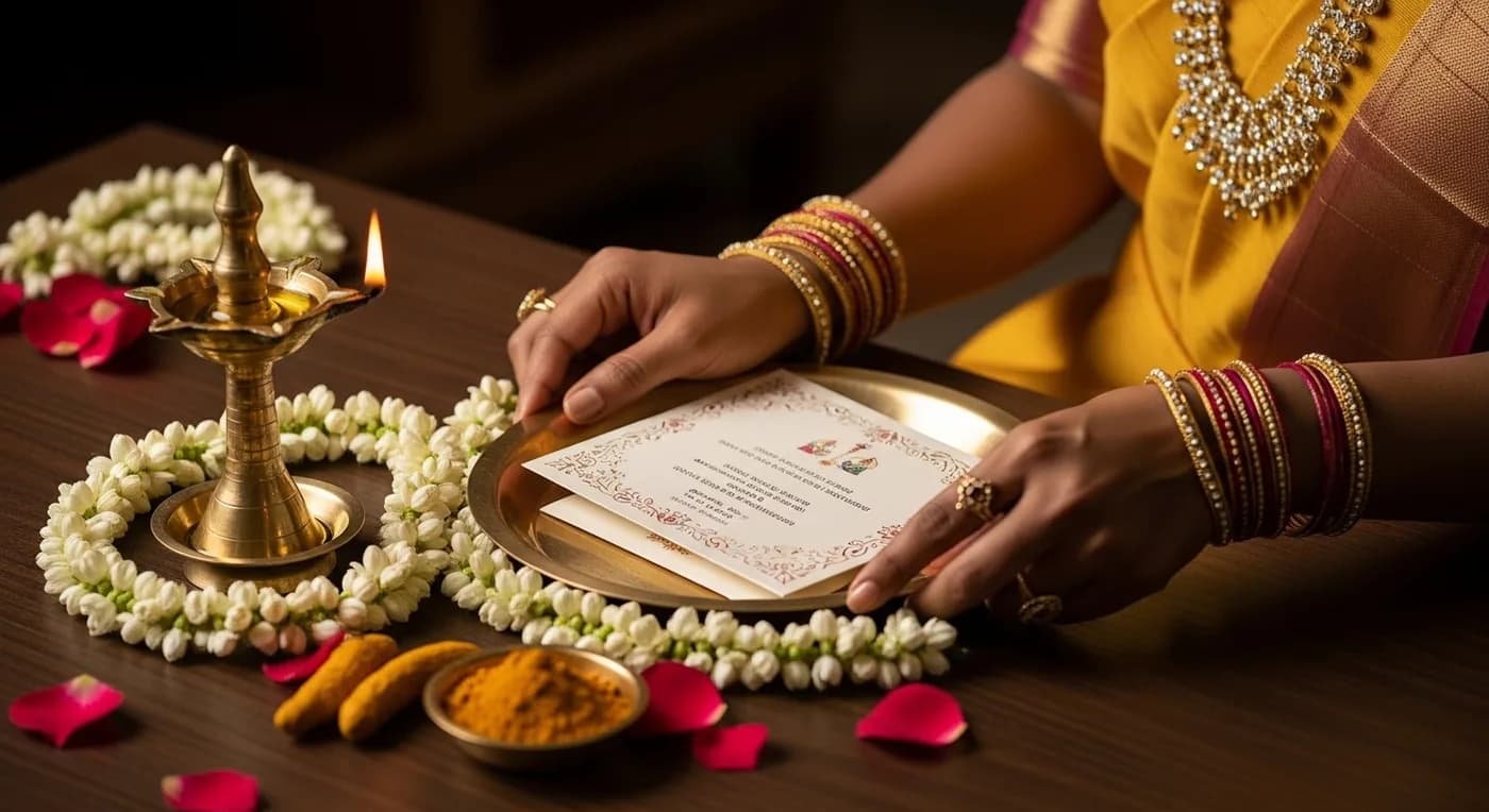Digital Indian wedding invitation on a phone screen beside a mehendi-adorned bride's hand