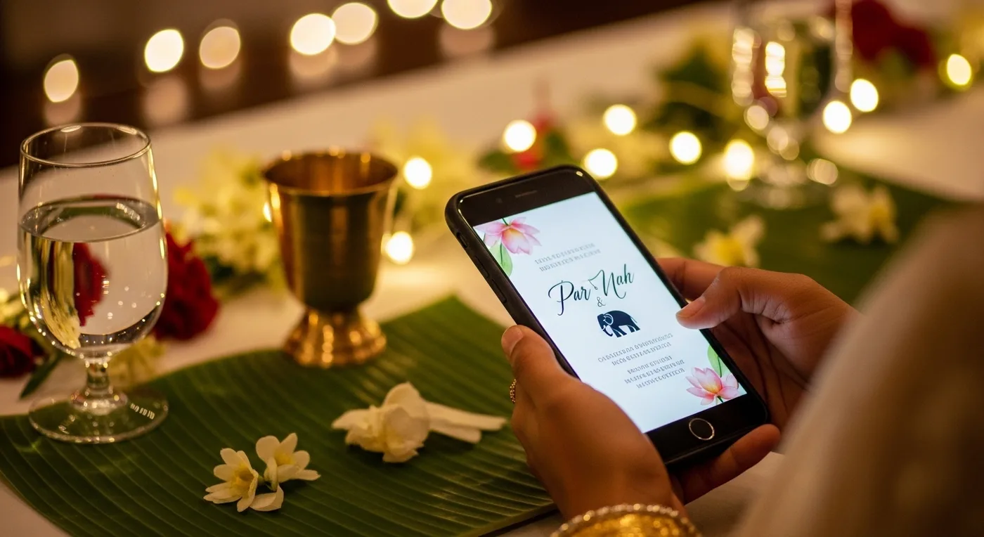 Wedding guests RSVPing on their phones at a decorated reception table