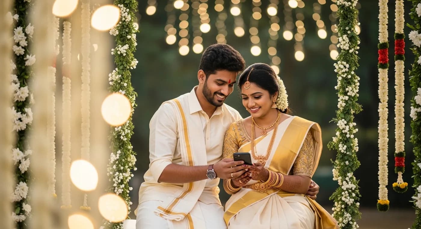 Indian couple reviewing their wedding website on a laptop — photos, RSVP, and story page