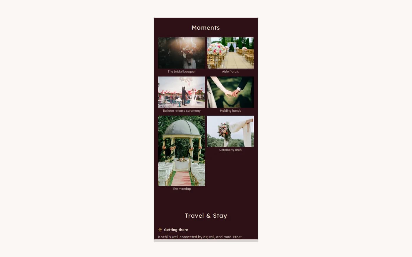 Wedding website photo gallery with masonry grid