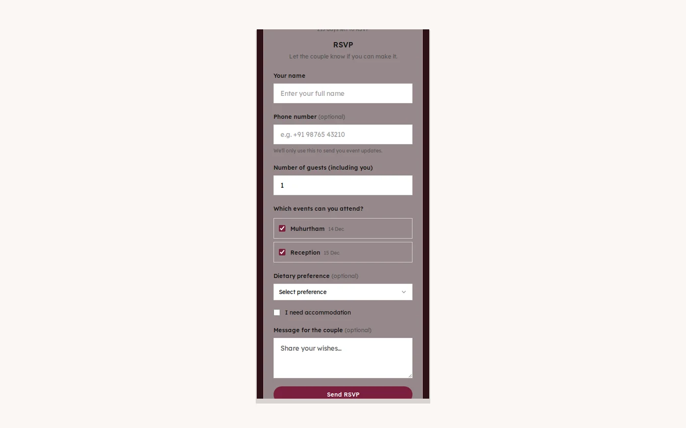 Wedding website RSVP form with dietary options