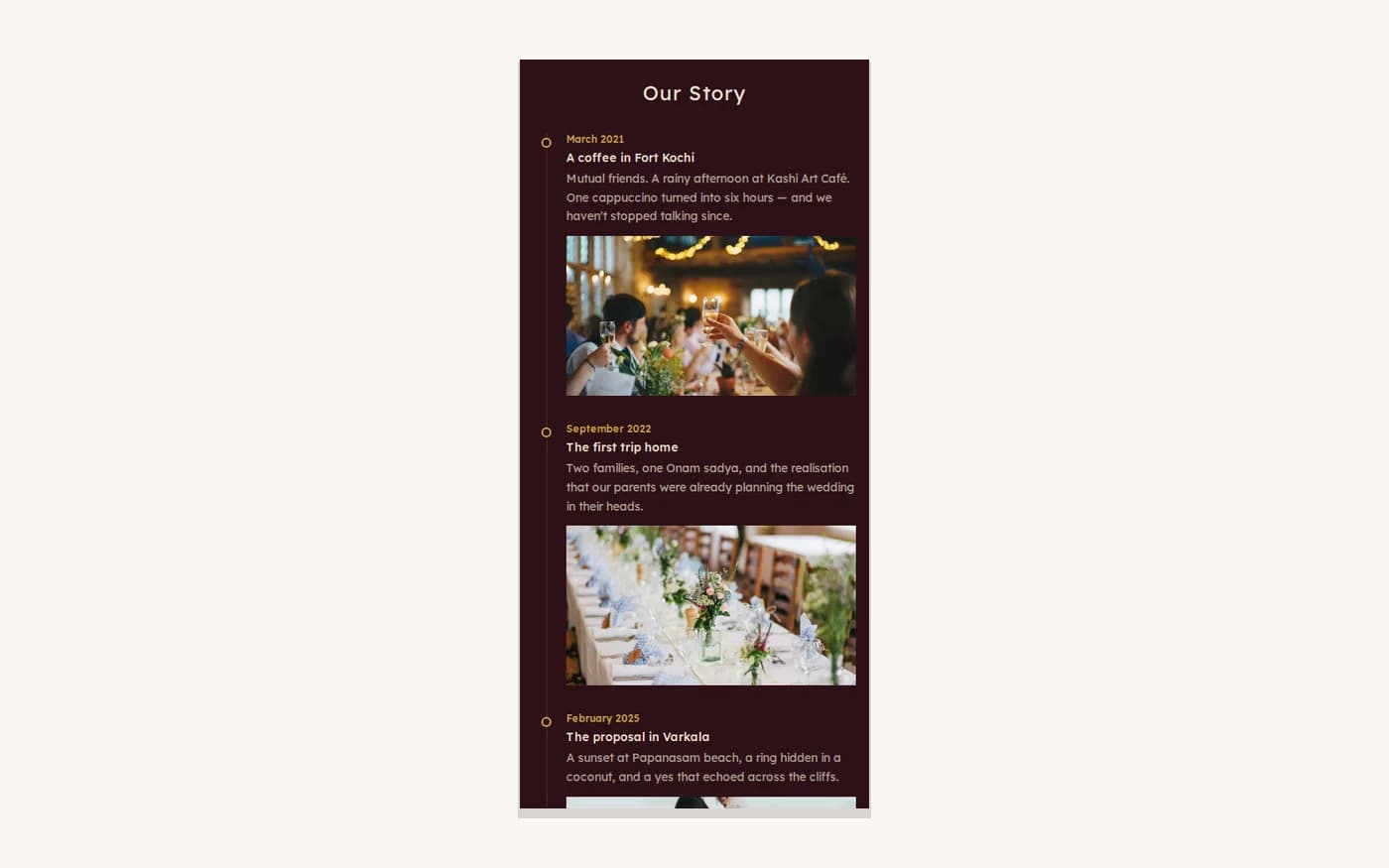 Wedding website Our Story section with timeline