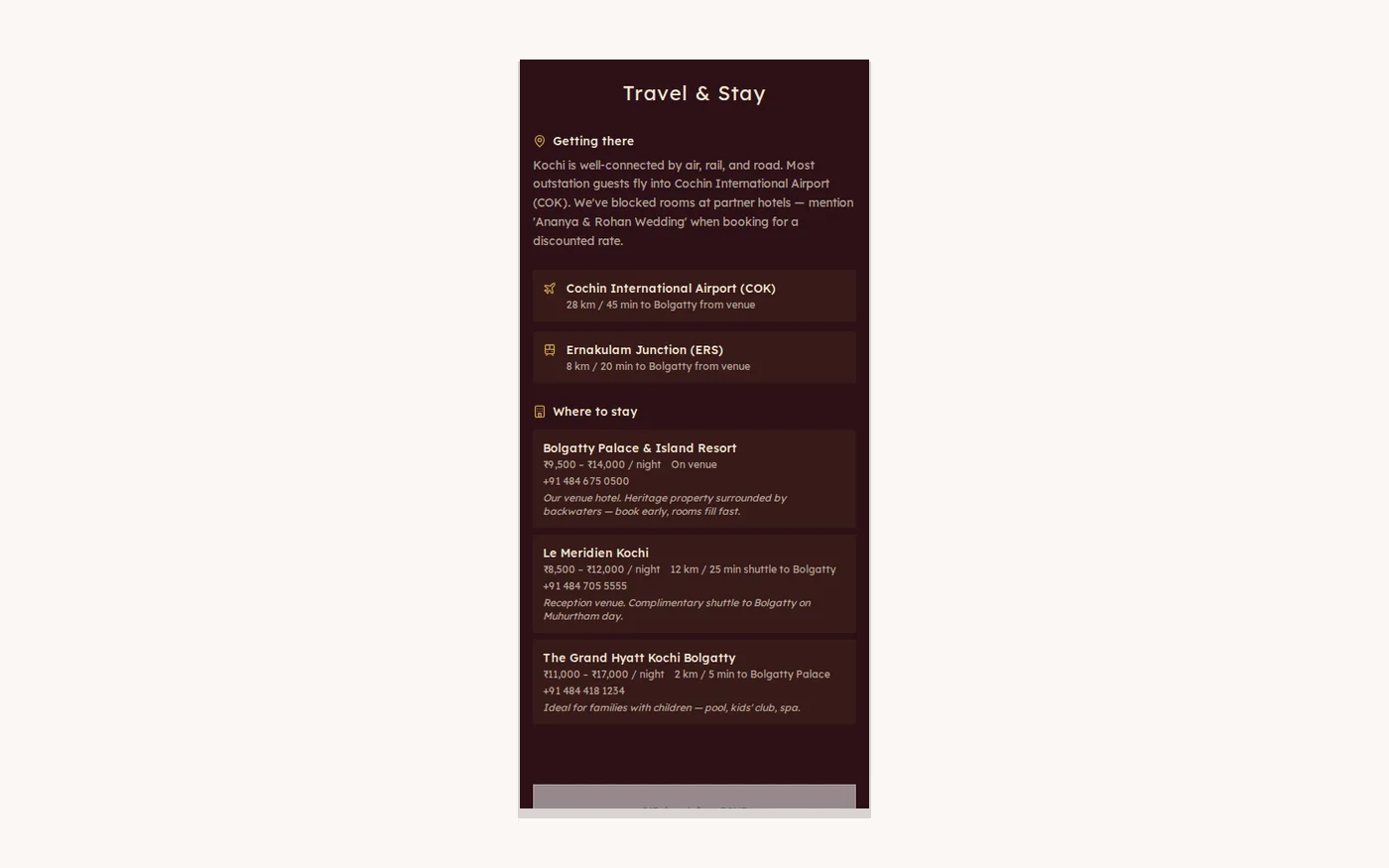 Wedding website travel section with hotel recommendations
