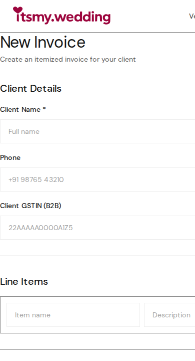 Invoice builder form with client details, line items table, and pricing summary sidebar
