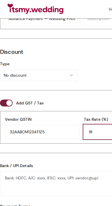 GST configuration section with GSTIN field, tax rate, and CGST/SGST toggle, plus bank details textarea