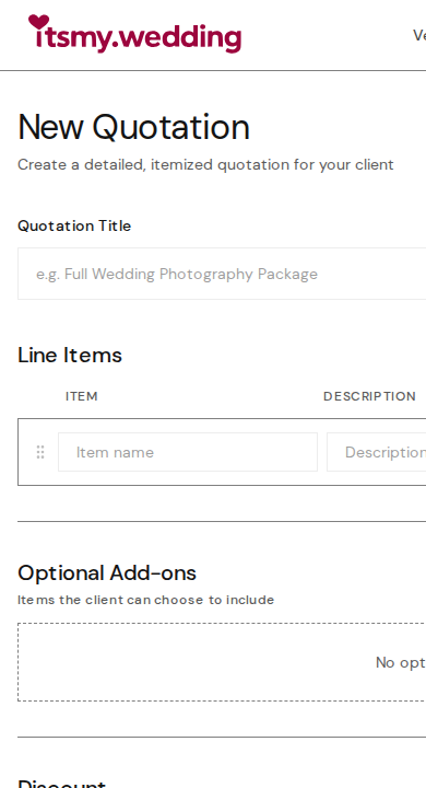 Quotation builder form with title, client details, and line items sections