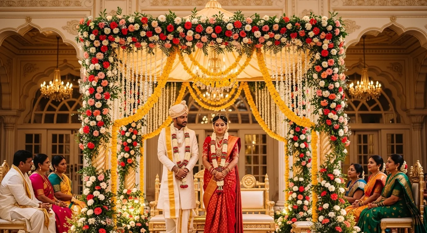 Elegant Bangalore wedding ceremony at a palace venue with floral mandap