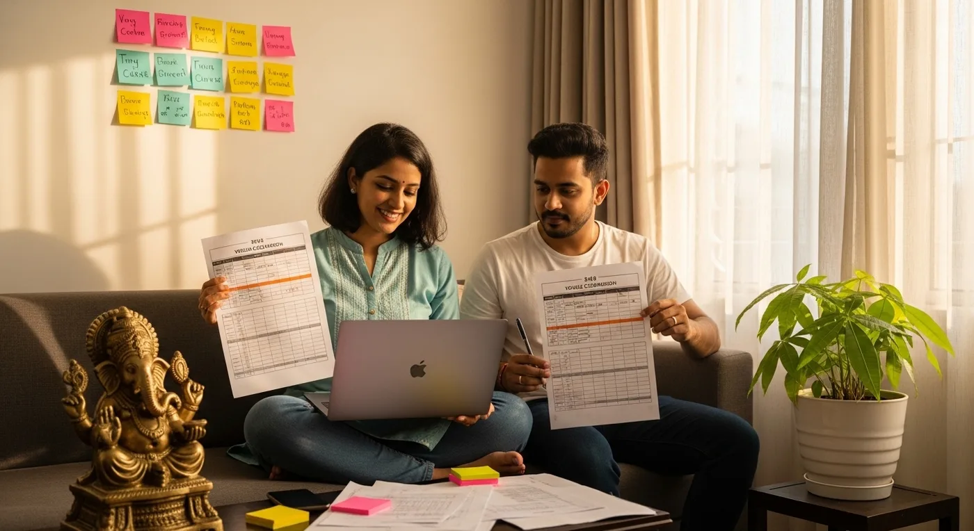 Couple planning their Bangalore wedding with a checklist and calendar