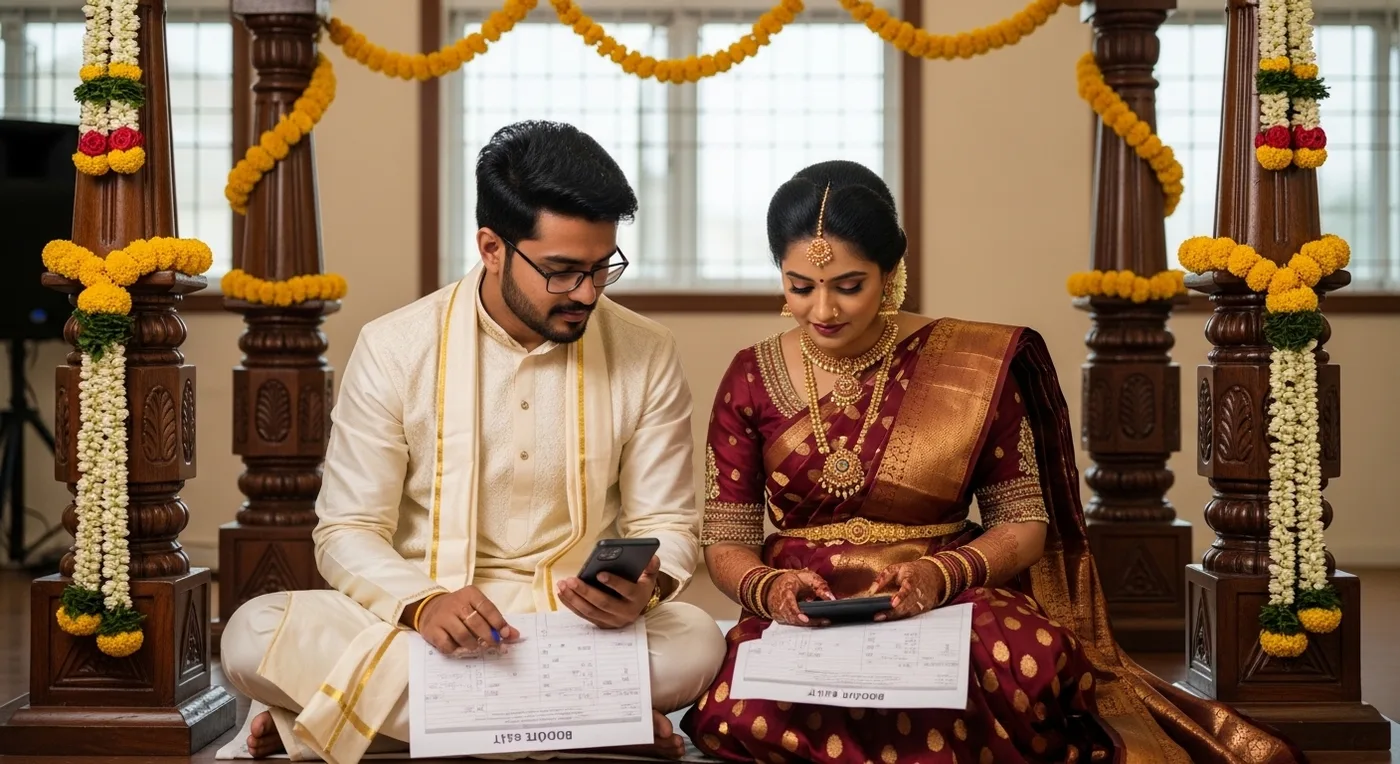 Bangalore wedding budget planning with couple reviewing costs