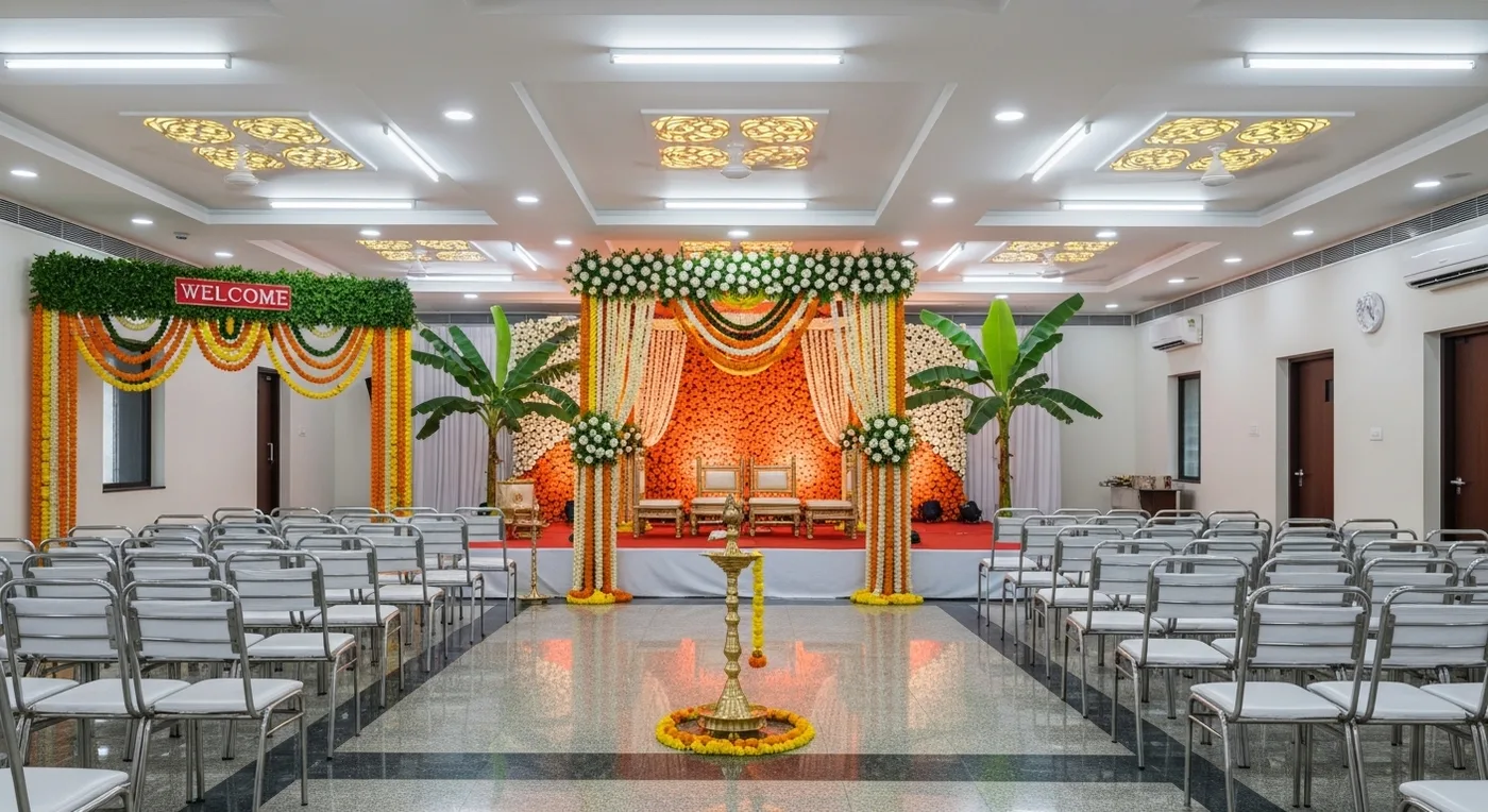 Interior of a decorated kalyana mantapa in Bangalore ready for a wedding