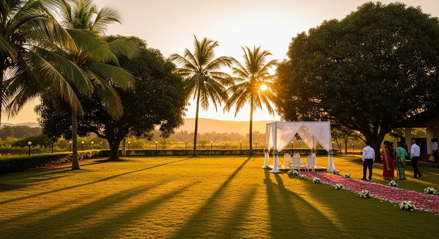 Rustic farmhouse wedding venue near Bangalore with outdoor ceremony setup