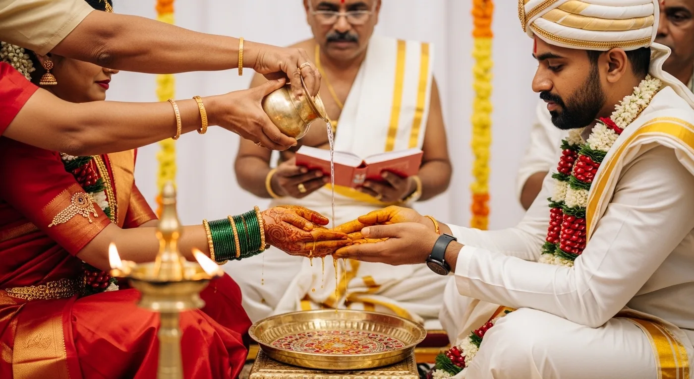 Traditional Kannada wedding ceremony with couple performing Dhare ritual