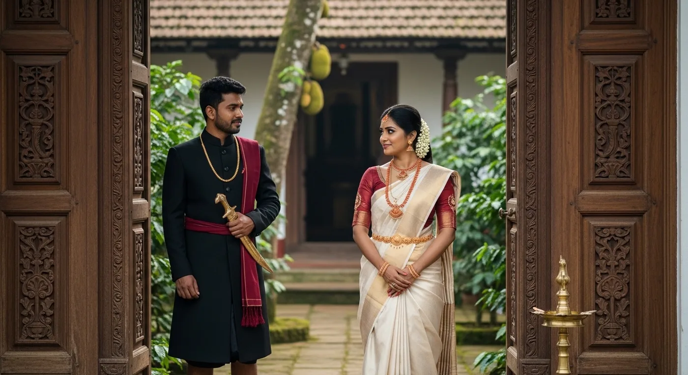 Kodava bride and groom in traditional Coorg attire during wedding ceremony