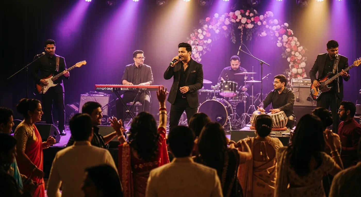 Trendy Bangalore wedding reception with live band and themed decor