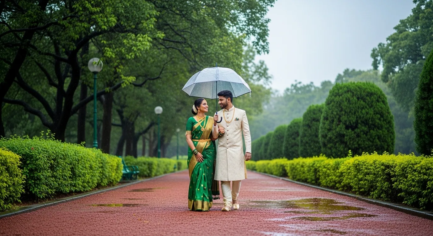 Beautiful monsoon wedding in Bangalore with lush green backdrop