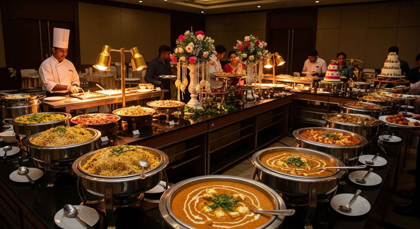 Elaborate wedding buffet spread at a Bangalore wedding reception