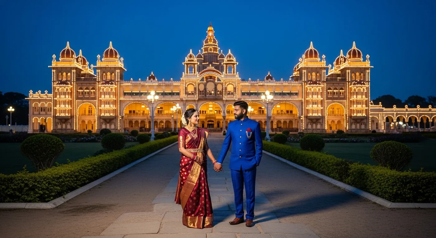 Destination wedding setup in Mysore with palace architecture backdrop