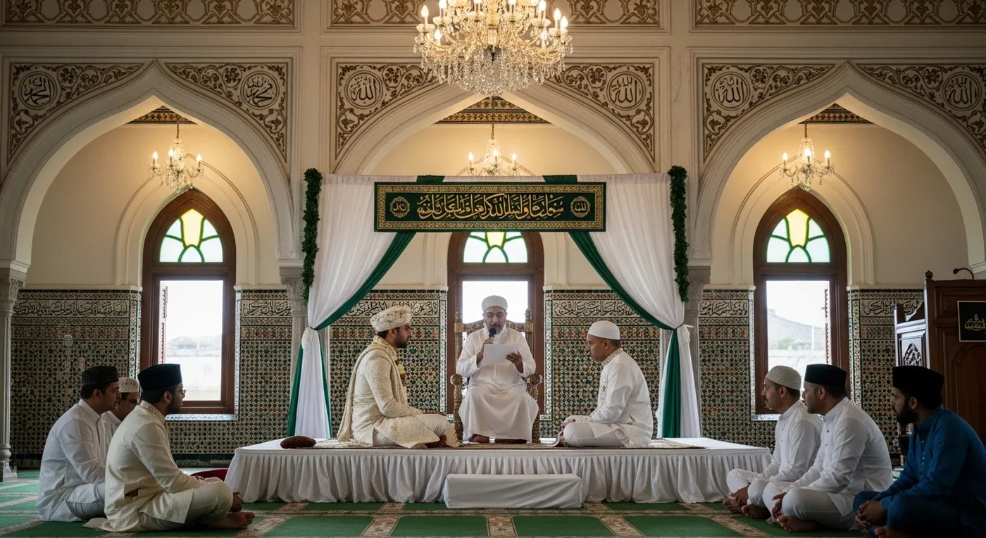 Muslim wedding ceremony in Bangalore with decorated Nikah stage