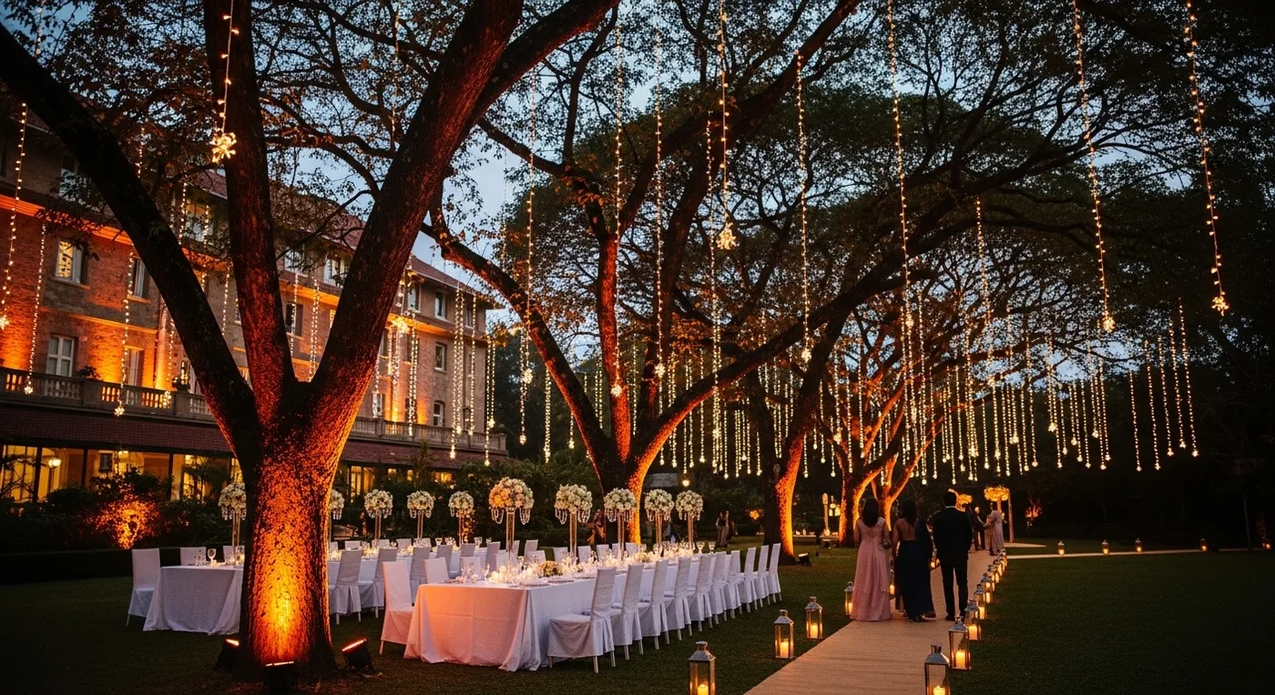 Stunning Bangalore wedding venue decorated with flowers and lights