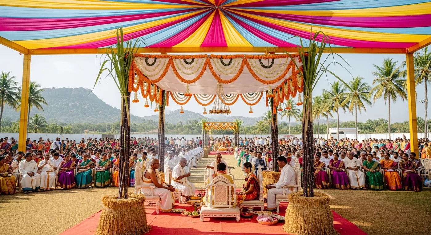 Vokkaliga Gowda couple in traditional wedding attire with floral mandap