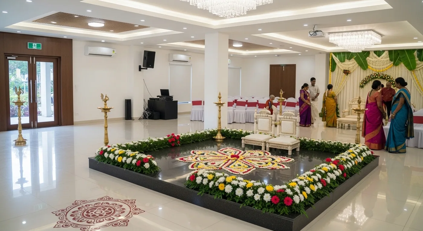 Modern AC kalyana mandapam in Chennai decorated for a wedding ceremony