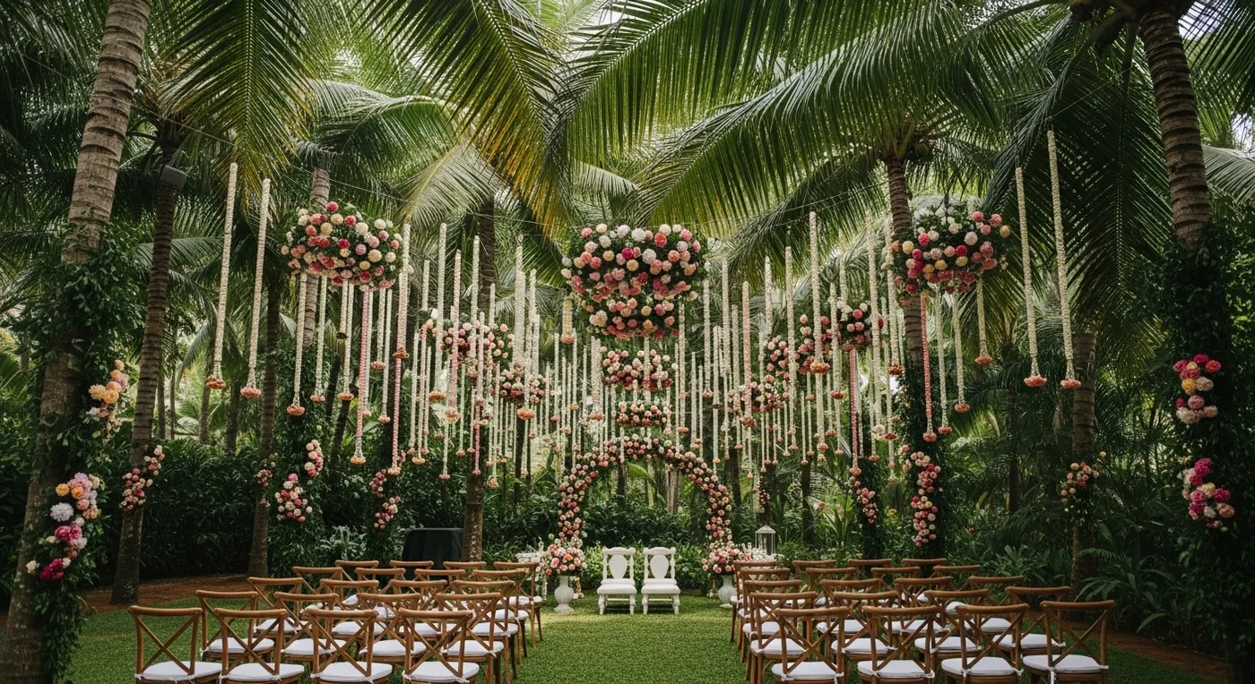 Beautifully decorated outdoor wedding venue in Kerala surrounded by lush greenery and palm trees
