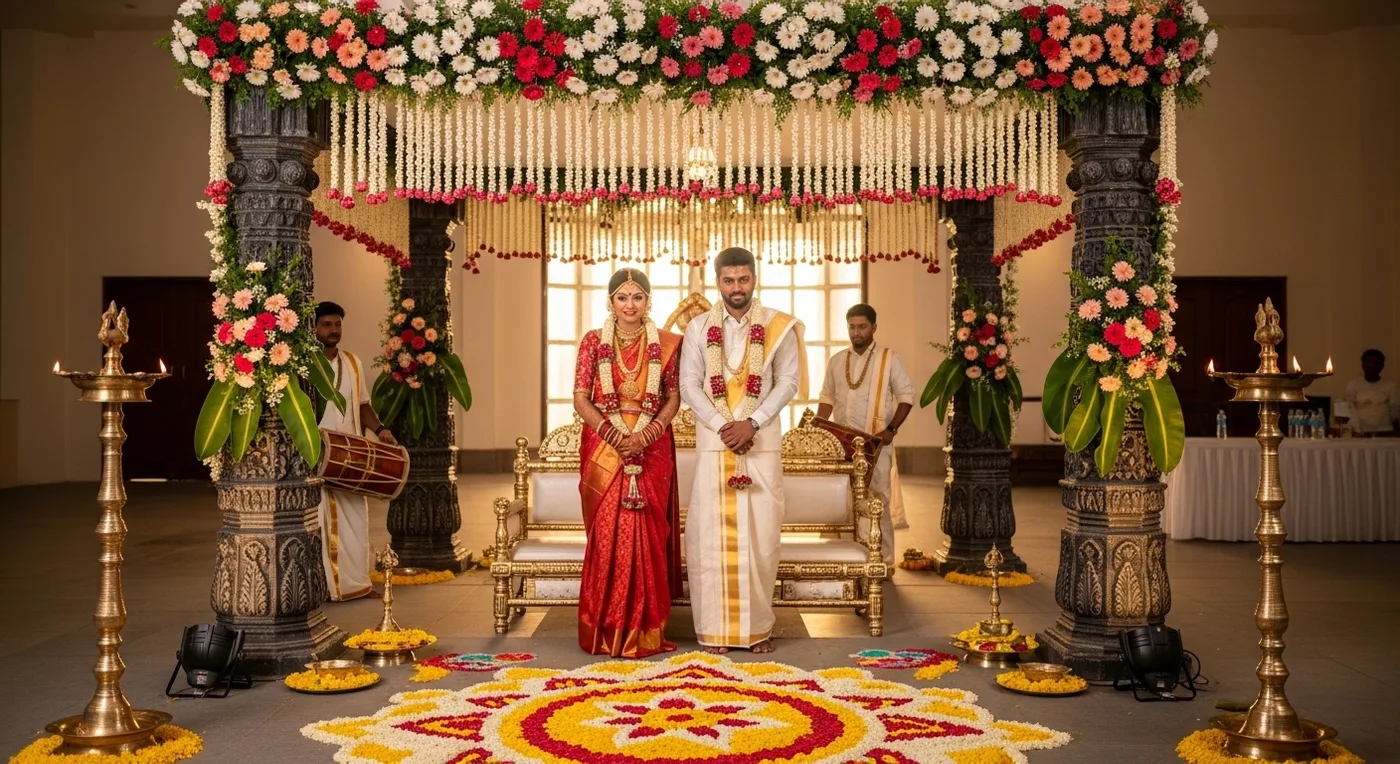 Traditional Chennai wedding ceremony at a kalyana mandapam with flower decorations
