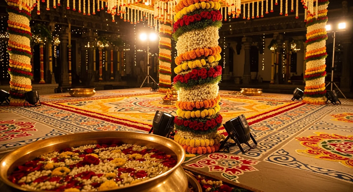 Poo kolam mandap with jasmine and banana trunk pillars at a Chennai kalyana mandapam