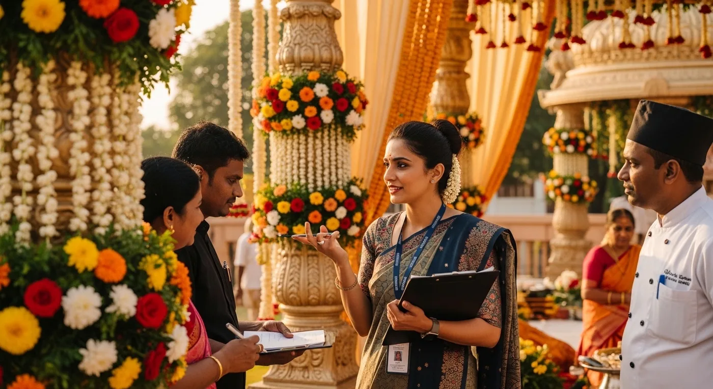 Wedding planner coordinating vendors at a decorated Chennai kalyana mandapam with traditional floral kolam