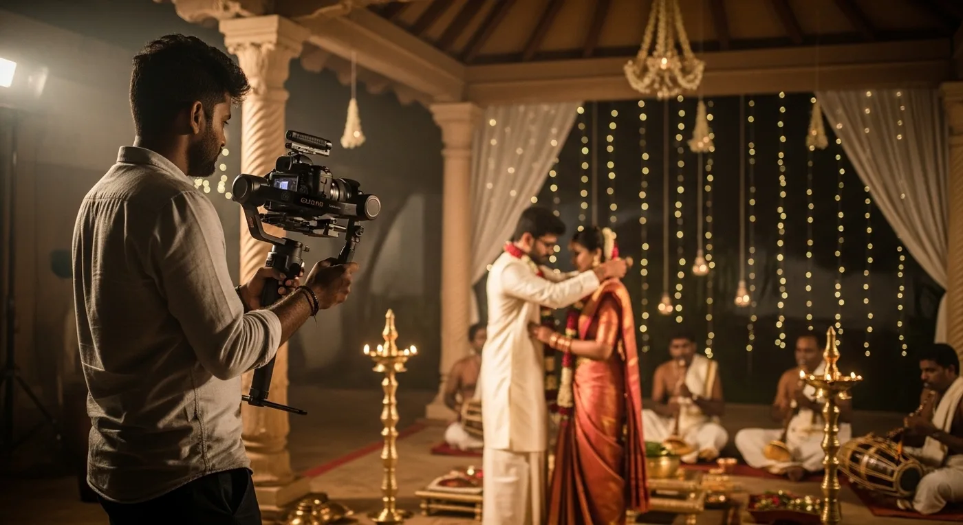Professional videographer capturing cinematic wedding footage at a Chennai mandapam