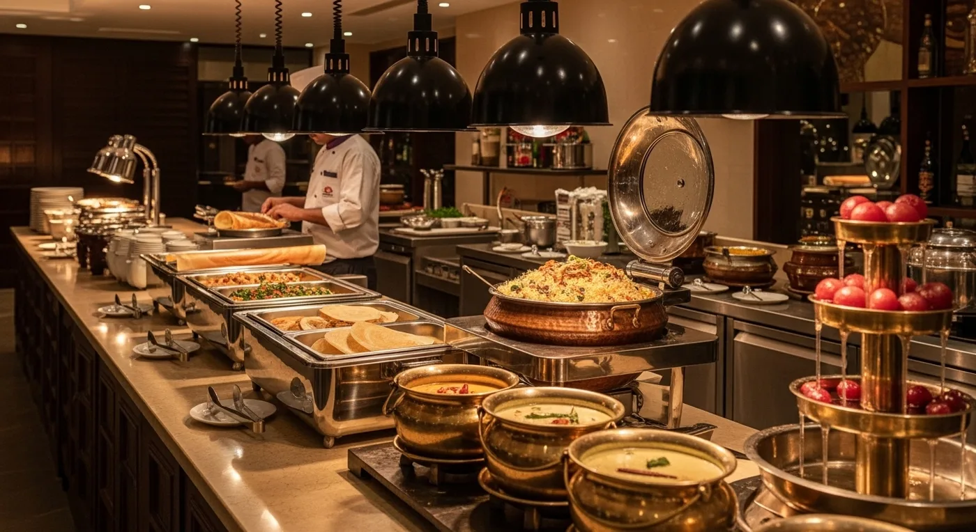 Traditional Kongu wedding banana-leaf feast with arisi paruppu sadam and nattu kozhi kozhambu at a Coimbatore marriage hall