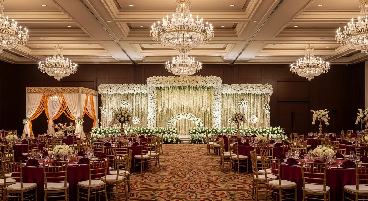 Grand wedding reception setup at a Coimbatore five-star hotel ballroom with floral mandapam and chandeliers