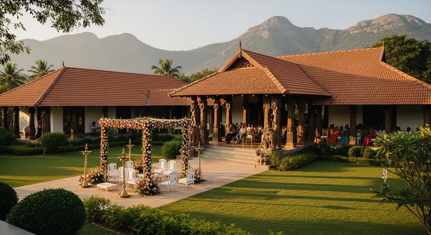 Amruth Courtyard farmhouse venue with Chettinad architecture and mountain backdrop