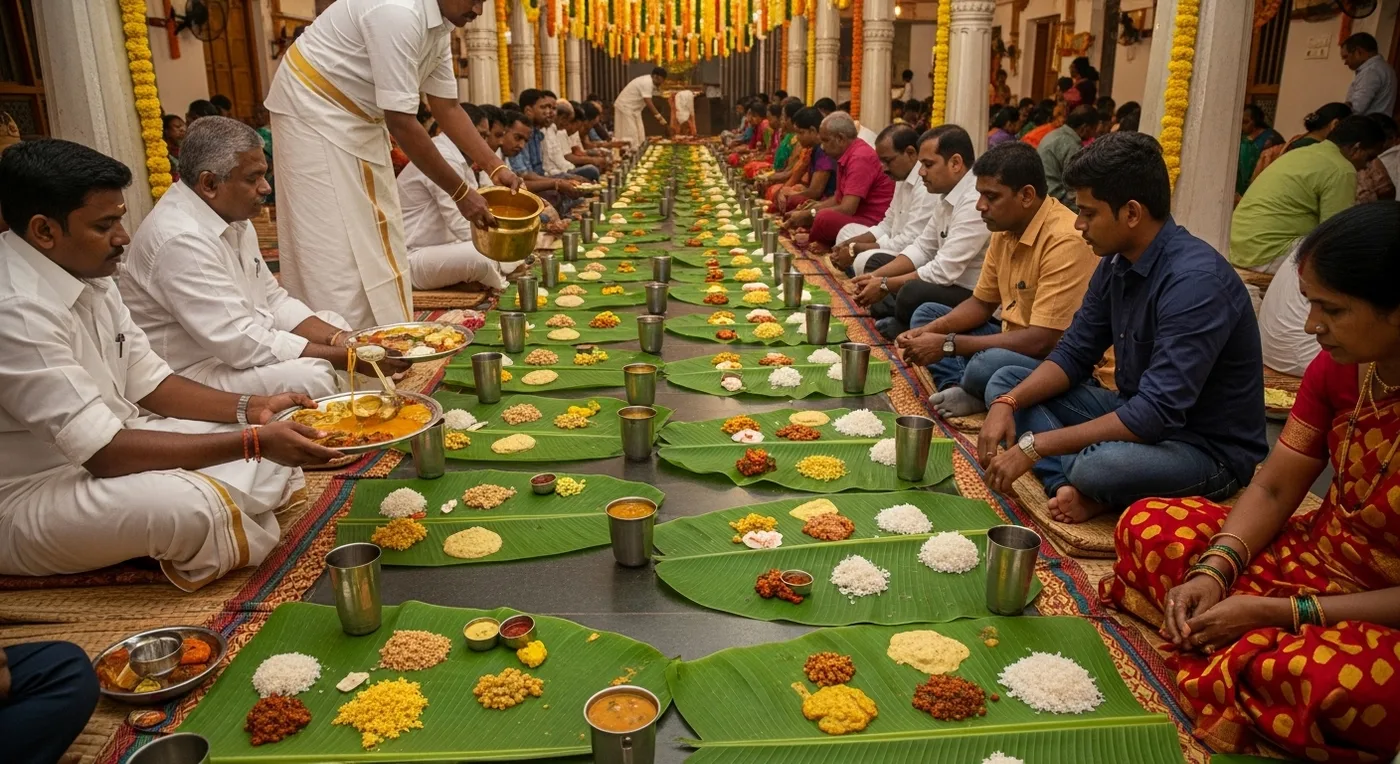 Traditional Kongu wedding feast served on banana leaves at a Coimbatore marriage hall