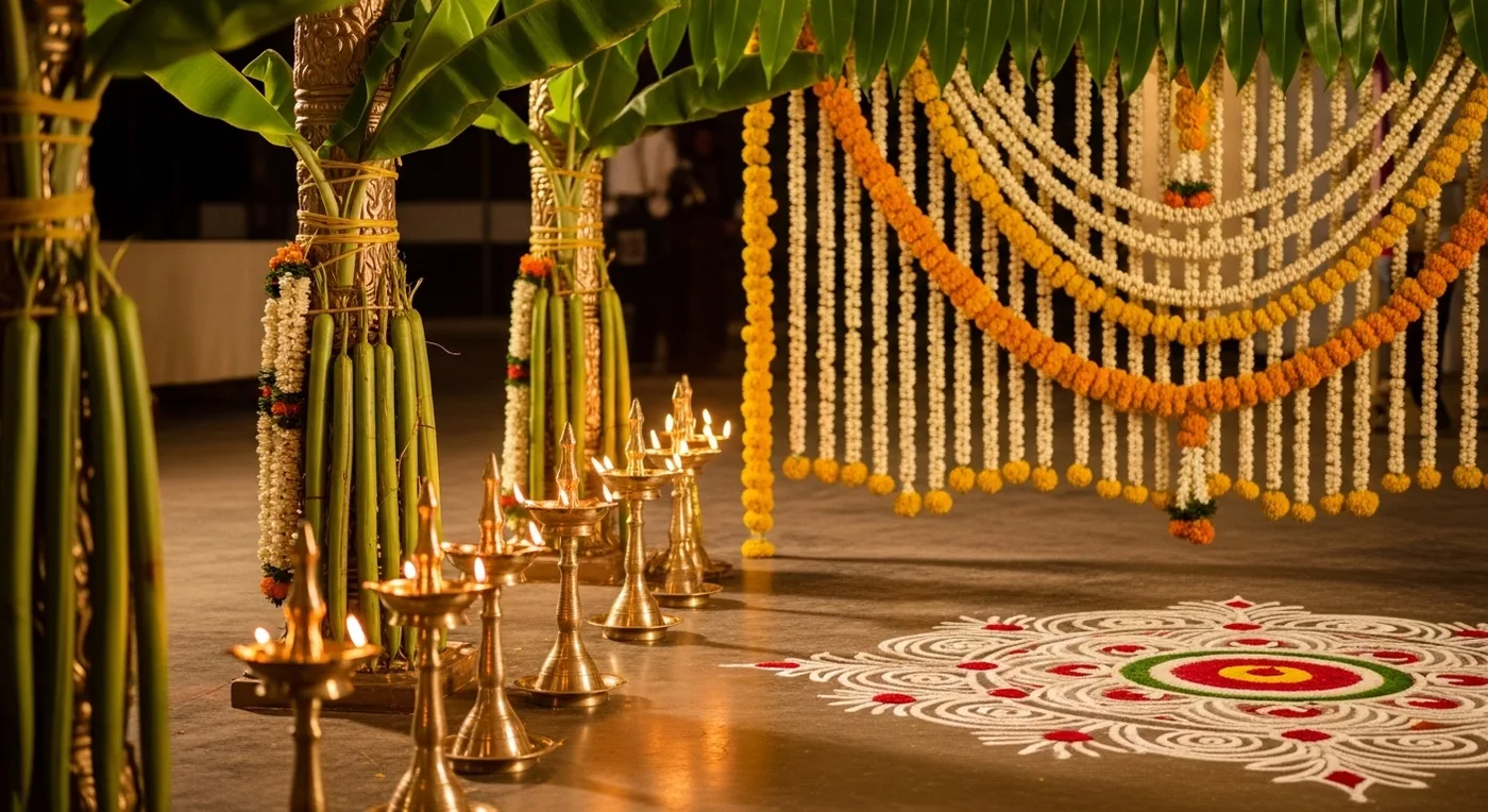 Coimbatore wedding venue interior with traditional floral mandapam decoration