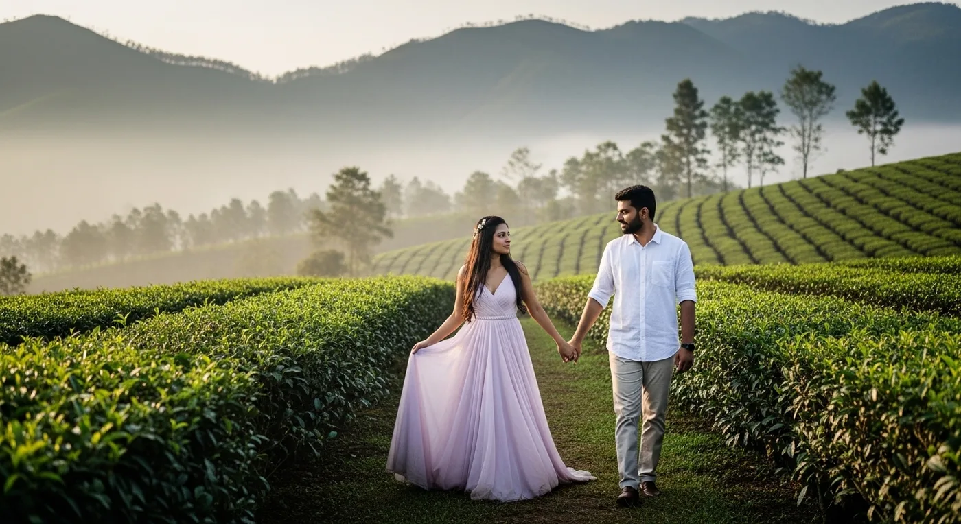 Pre-wedding couple photoshoot at a Valparai tea estate near Coimbatore